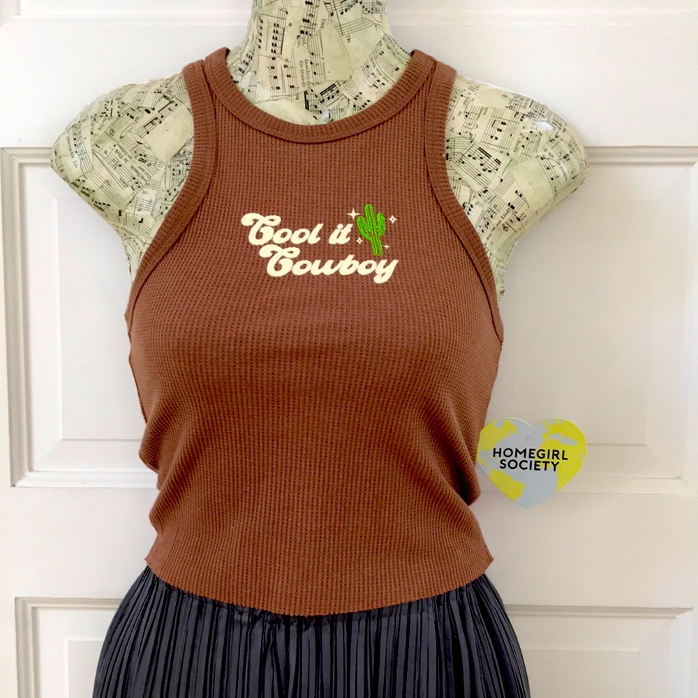 NWT Homegirl Society sz XS cropped top Graphic tank top "Cool it Cowboy" cactus